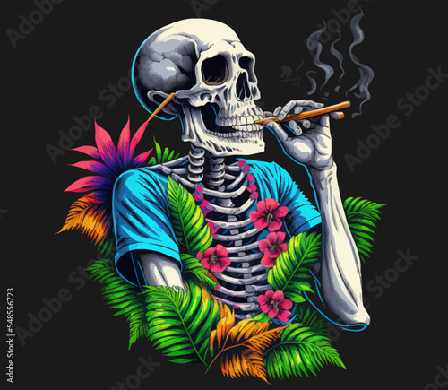 Tourist skeleton in Hawaiian style beachwear and a cold drink with palm leaves around Isolated vector illustration