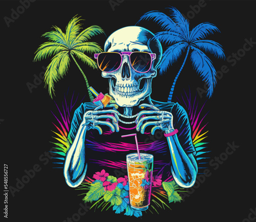 Tourist skeleton in Hawaiian style beachwear and a cold drink with palm leaves around Isolated vector illustration