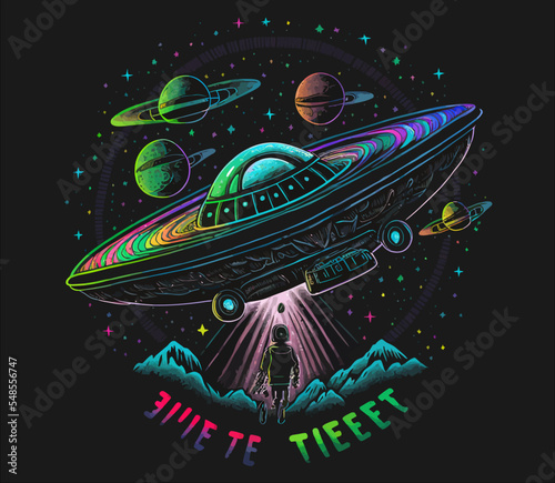 Flying ship from space in the starry sky over a forest glade Isolated vector illustration