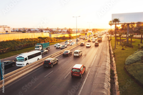 High-angle view of highway traffic jam in the evening. public transport and daily commuting. road crowded with vehicles - Casablanca, Morocco