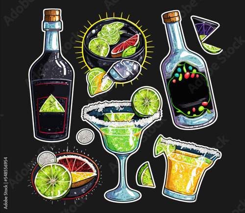 Set of bottles with alcohol, cocktails with lime slices Isolated vector illustration