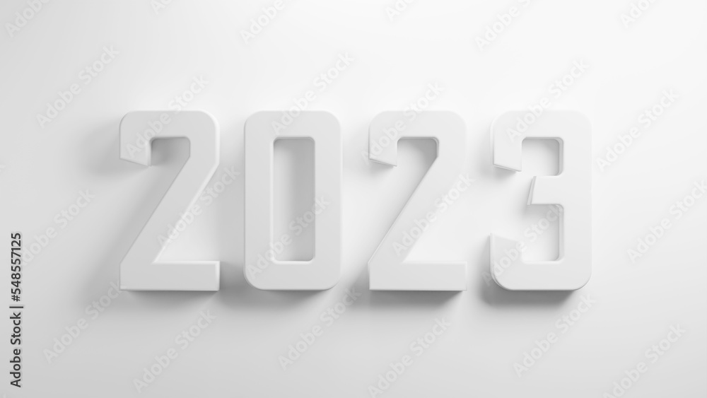 3d render white 2023 happy new year celebration with white background