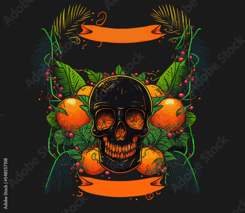 Tropical cocktail made from fruits and palm leaves with a skull in the center Isolated vector illustration