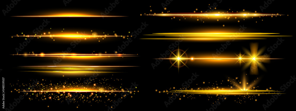 Gold line flare set, cosmic shiny sparkle collection, vector yellow lights, magic glowing dust. Abstract beam kit, orange space ray flash, game energy effect illustration. Gold line glitter elements