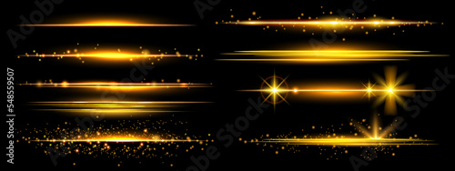 Gold line flare set, cosmic shiny sparkle collection, vector yellow lights, magic glowing dust. Abstract beam kit, orange space ray flash, game energy effect illustration. Gold line glitter elements