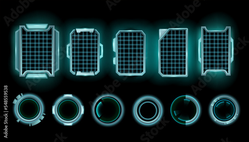 Sci-fi game frame set, hi-tech stream neon cyber UI screen background, vector space HUD border,. Futuristic technology monitor kit, space ship modern interface. Rectangle circle window game frame