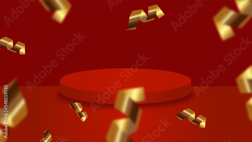 3d red podium background with falling gold color confetti. 2023, New Year Stage platform.Pedestal floor.
