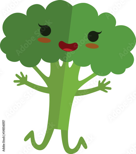 Green broccoli laughing. Cartoon vegetable with kawaii face
