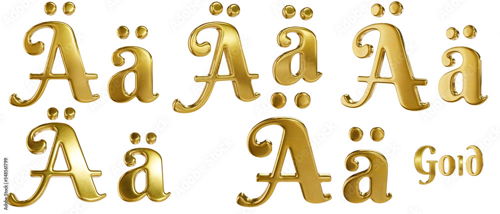 3D alphabet. Golden font with transparent background. Gold. Letter Ä, ä. 5 variants at different angles. 3D alphabet. Golden font with transparent background. Gold. Letter Ä, ä. 5 variants at different angles.