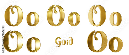 3D alphabet. Golden font with transparent background. Gold. Letter O, o. 5 variants at different angles. 
