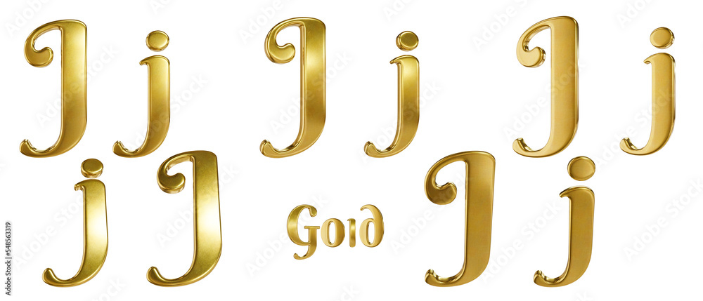 3D alphabet. Golden font with transparent background. Gold. Letter J, j ...