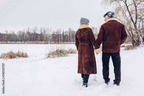 Back view of senior family couple walks outdoors during snowy winter weather. Man and woman hold hands. Valentine's day © maryviolet