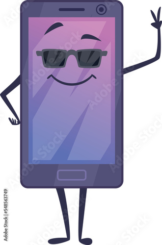 Cool smartphone character in sunglasses. Cartoon phone mascot