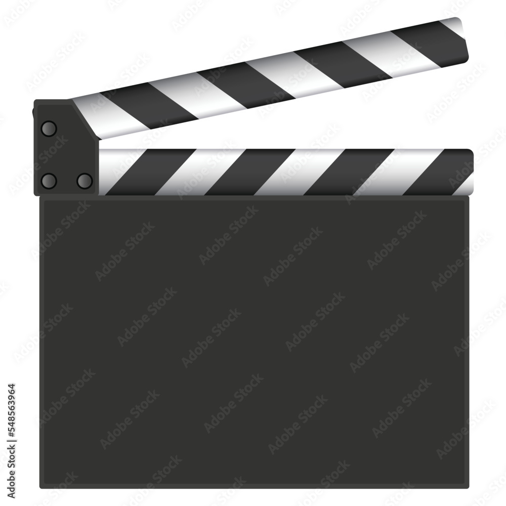 Film clapper. Realistic opened movie clap board. Cinematography and filmmaking equipment. Blank cinema clapper vector illustration isolated on white background