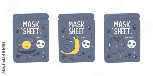 Cute vector face mask sheet packaging design with pearl, snail, coal