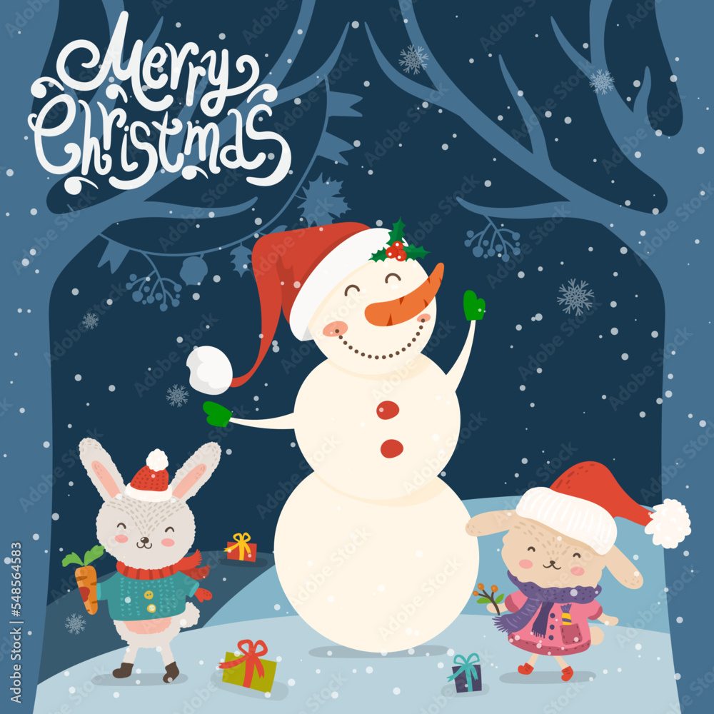 Cartoon illustration for holiday theme with snowman and two happy funny rabbits on winter background with trees and snow. Greeting card for Merry Christmas and Happy New Year. Vector illustration. Cartoon illustration for holiday theme with snowman and two happy funny rabbits on winter background with trees and snow. Greeting card for Merry Christmas and Happy New Year. Vector illustration.
