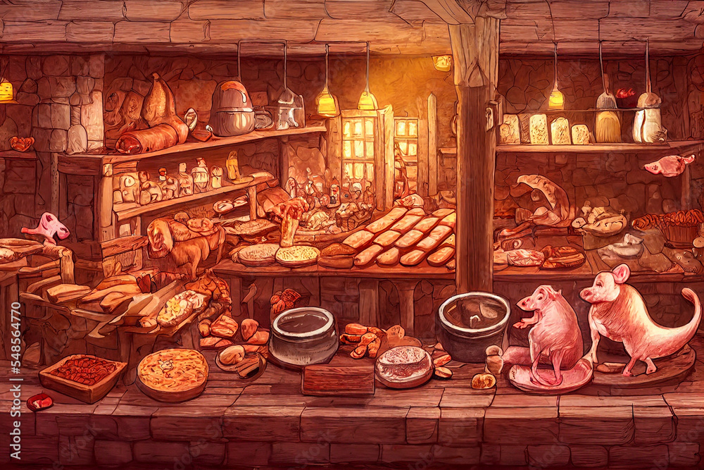 Medieval meat shop, illustration