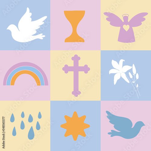 Checkered blue background with Christian symbols. Seamless pattern.