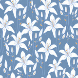 White hand drawn lily flowers seamless pattern.