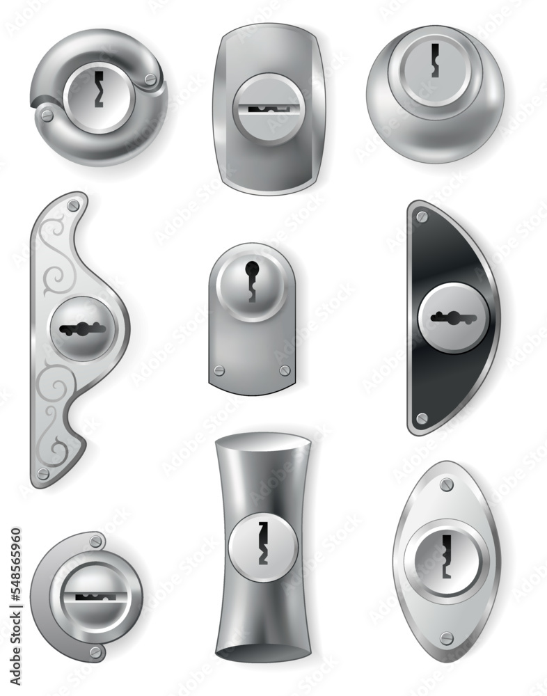 Metal or steel secure keyholes. Element for door locks, templates