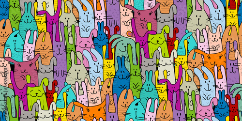 Funny Bunnies family. Seamless pattern background with Rabbits. Symbol of 202...