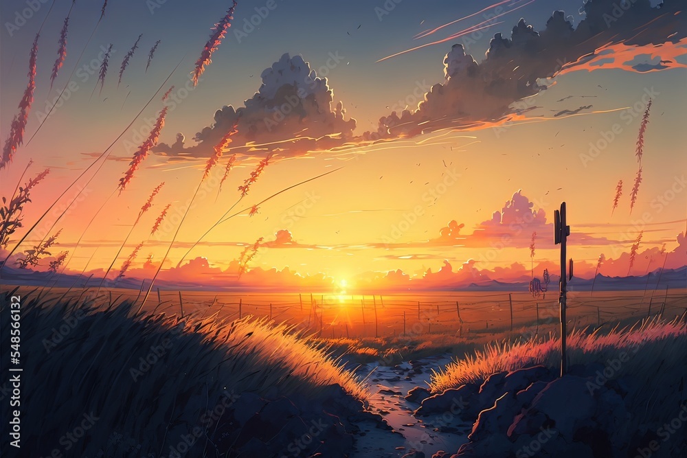 Anime, manga landscape at dusk. 4K moody, lofi, abstract background. Sad  beautiful artwork with pink clouds and mountains. Stock Illustration |  Adobe Stock