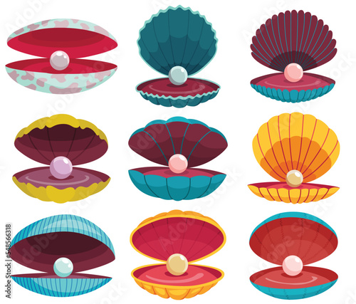 Pearls in seashell. Open seashells scallop and pearl shell icons set in various form and colors. Beautiful pearls in clam shells in cartoon flat style. Vector illustration isolated on white background