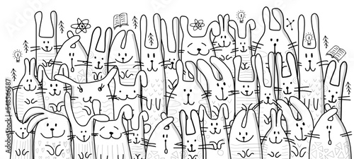 Funny Bunnies family. Rabbit - symbol of 2023 chineese new year. Chreeting card design idea. Cute characters. Colouring page design  outline style. Vector illustration