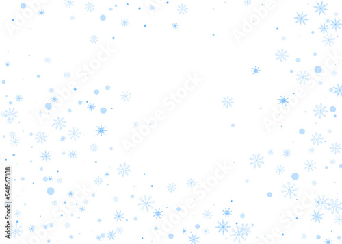 Snowflakes. Snow, snowfall. Falling scattered blue snowflakes on a white background. Vector