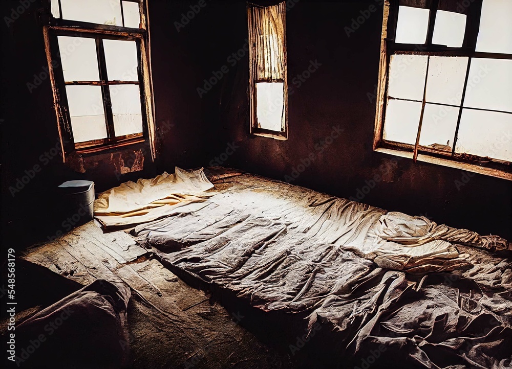 Interior of an abandoned and desolate room in a crack house used by