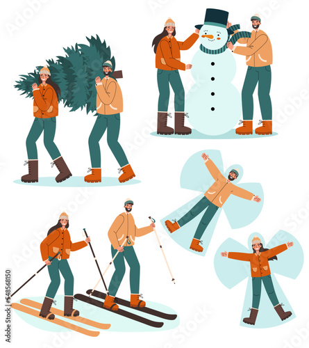 Young couple is engaged in winter activities. Smiling man and woman skiing, carrying christmas tree, making snow angels and snowman. Winter entertainments concept.