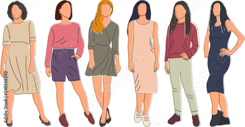set of women, girls sketch ,contour vector