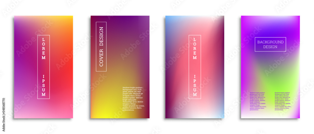 Bright gradient background for the cover. Set of 4 covers. Creative modern vector illustration. Holographic spectrum. Bright gradient background for the cover. Set of 4 covers. Creative modern vector illustration. Holographic spectrum.