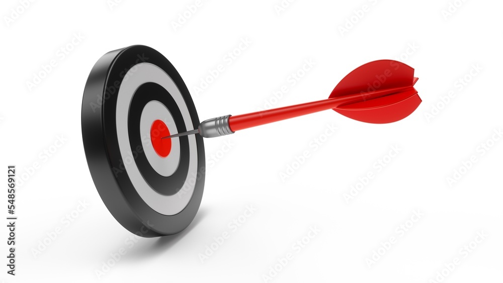 3D Rendering Red Dart aim to Dartboard target Isolated on white Background 3D Rendering Red Dart aim to Dartboard target Isolated on white Background