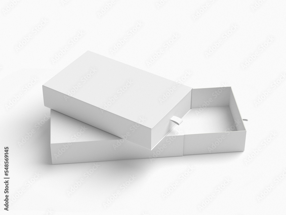 Realistic Package Cardboard Sliding drawer Box with ribbon pull on white background. For small items, matches, and other things. 3d render Realistic Package Cardboard Sliding drawer Box with ribbon pull on white background. For small items, matches, and other things. 3d render