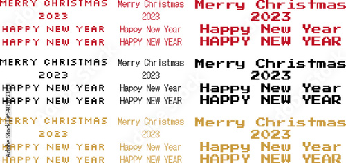 2023 Happy New Year, Merry Christmas pixel art game text. Red, black and gold retro arcade 8 bit typography letter for sweater or card