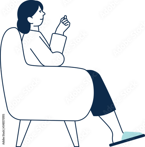Woman sit in armchair side view. Resting person icon