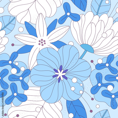 Fototapeta Naklejka Na Ścianę i Meble -  Snowy floral seamless pattern. Winter garden. Repeating background of flowers and snow. Elegant design for fabric, wrapping paper, wallpaper, cover of notebook. Vector illustration