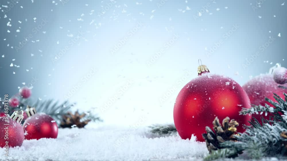 Super slow motion of falling snow with christmas decoration still life. Filmed on high speed cinema camera, 1000 fps.