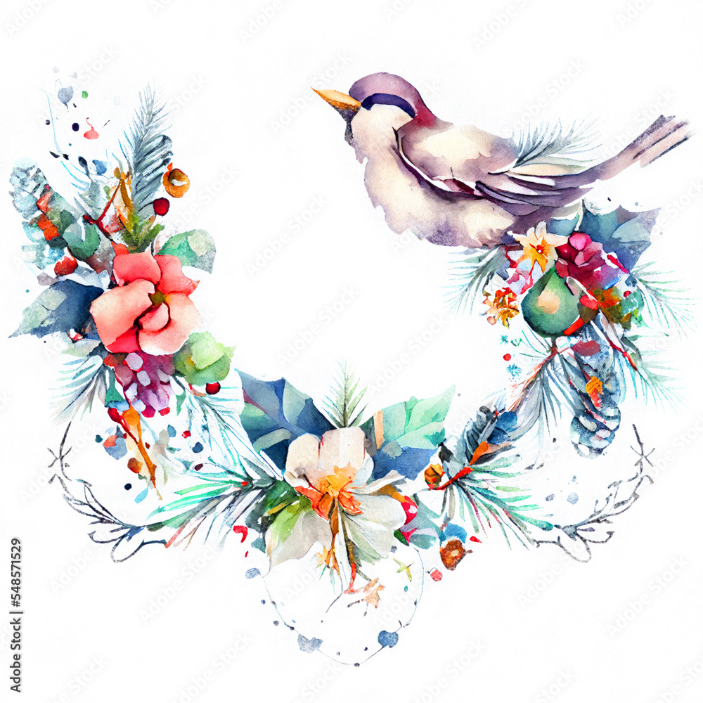 Watercolor Christmas hand-drawn illustration.  Christmas wreath with cute bird. 