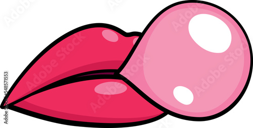 Woman mouth with bubble gum. Red lips sticker