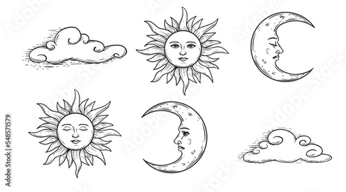 Hand drawn celestial elements. Sun, crescent moon with face and clouds. Sketch style mystical design elements. vector illustrations.