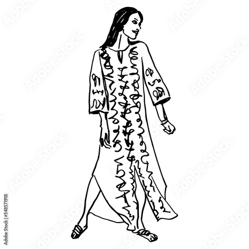 Standing pretty young woman in a long free style dress. Happy dancing hippy girl. Hand drawn linear doodle rough sketch. Black silhouette on white background. 