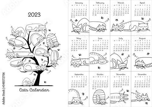 Calendar template, funny cats family. Symbol of 2023. Colouring page. Vector ...