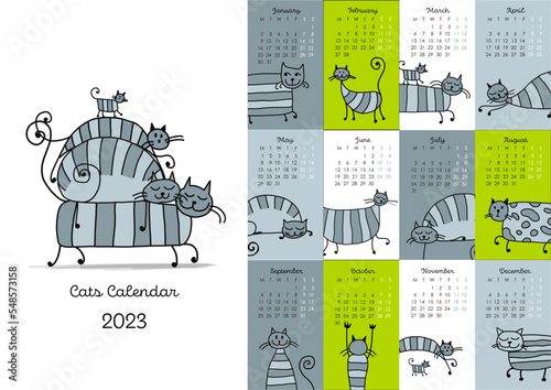 Calendar template, funny cats family. Symbol of 2023. Vector illustration
