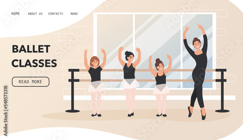 Ballerina, teacher and little girls dancing classic ballet. Ballet class cartoon vector concept for banner, website, illustration, landing page.