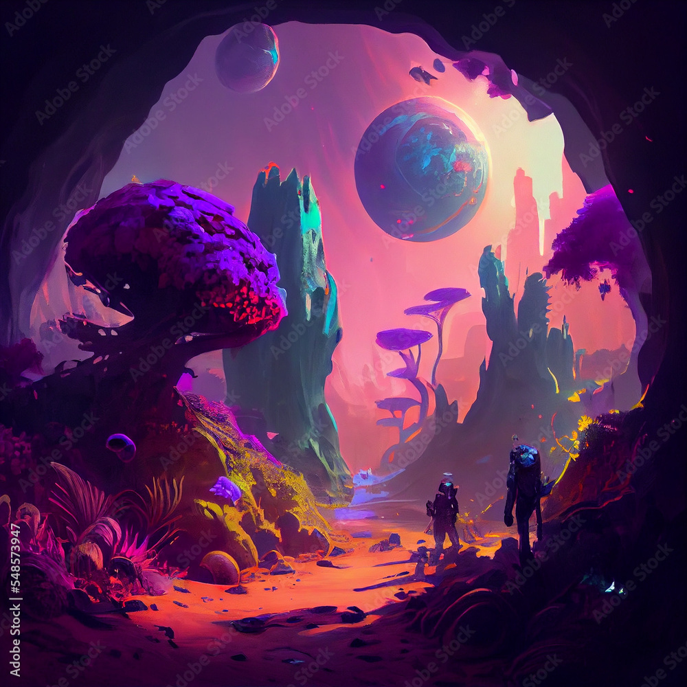Obraz premium Beautiful Organic Alien Planet with people exploring the unknown