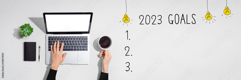 2023 goals with person using a laptop computer - obrazy, fototapety, plakaty 