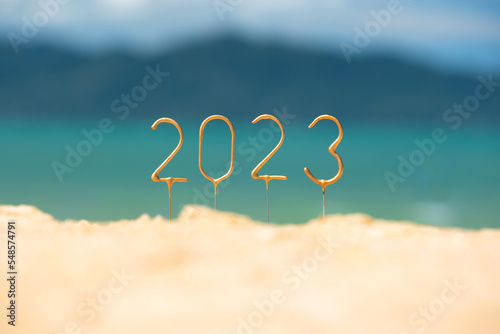 The numbers 2023 are a symbol of the New Year holiday on a tropical beach in the sand overlooking the sea and mountains on a bright sunny day.