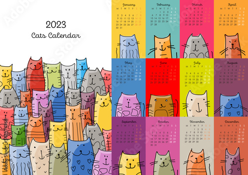 Calendar template, funny cats family. Symbol of 2023. Vector illustration